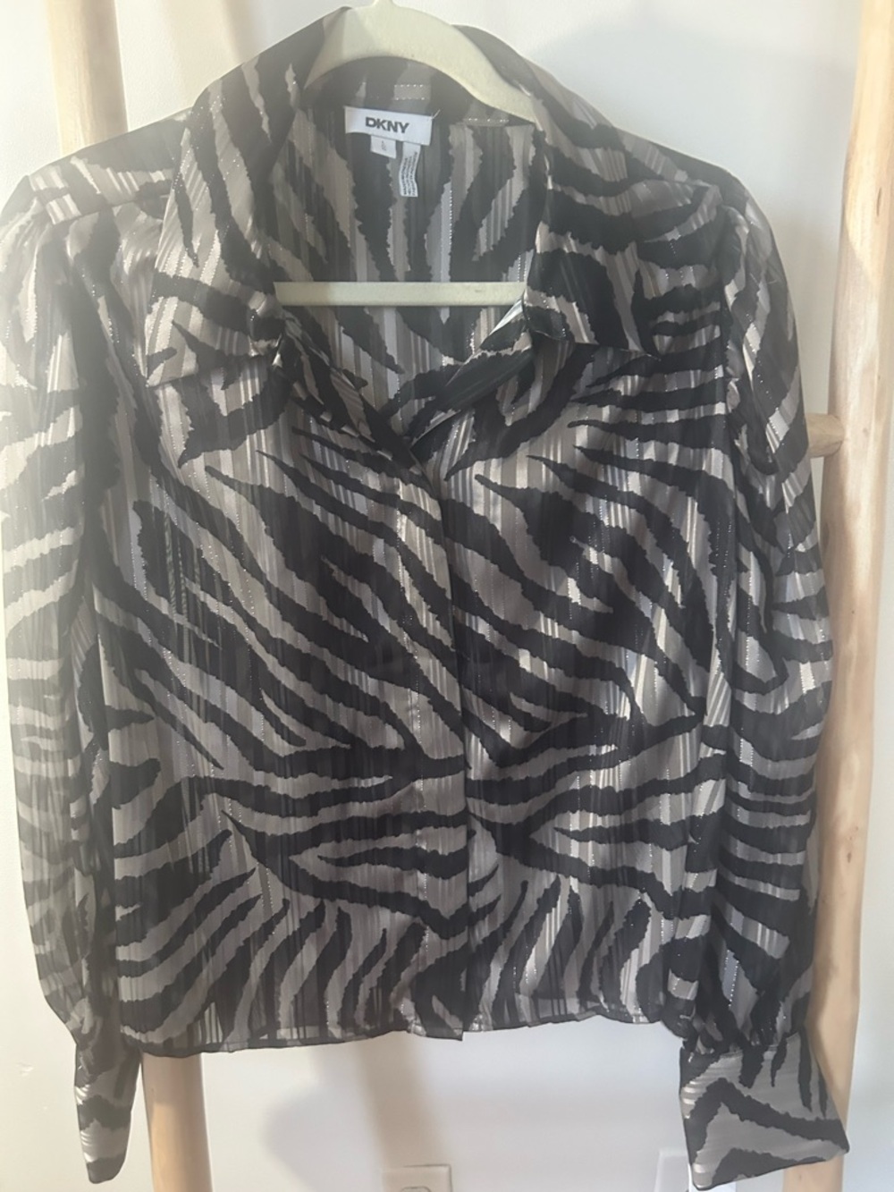 DKNY Black and White Zebra-Stripe Sheer Button Down